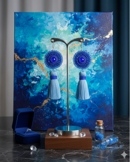 Háčkované  dizajnové náušnice "Modrý oceán na abstraktnej maľbe"